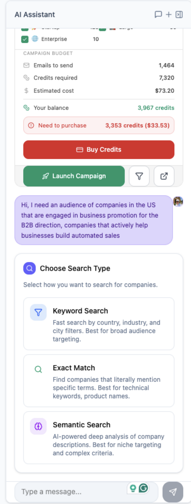 Vendo AI Assistant Chat search type selector — Keyword Search, Exact Match, and Semantic Search options