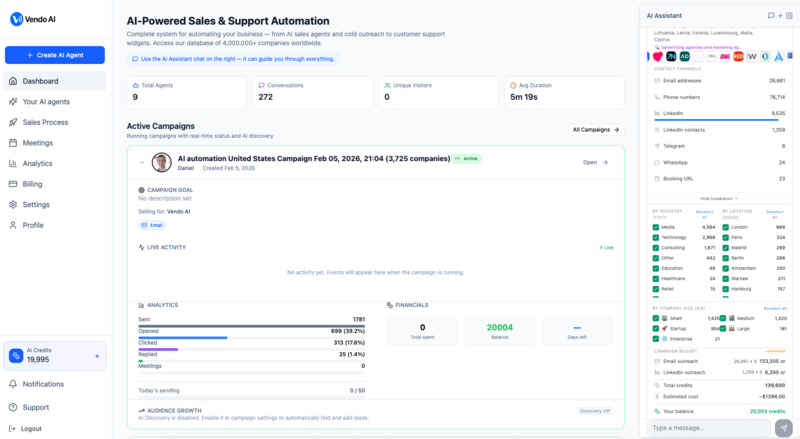 Vendo AI Signal Discovery dashboard — AI-powered autonomous prospecting system