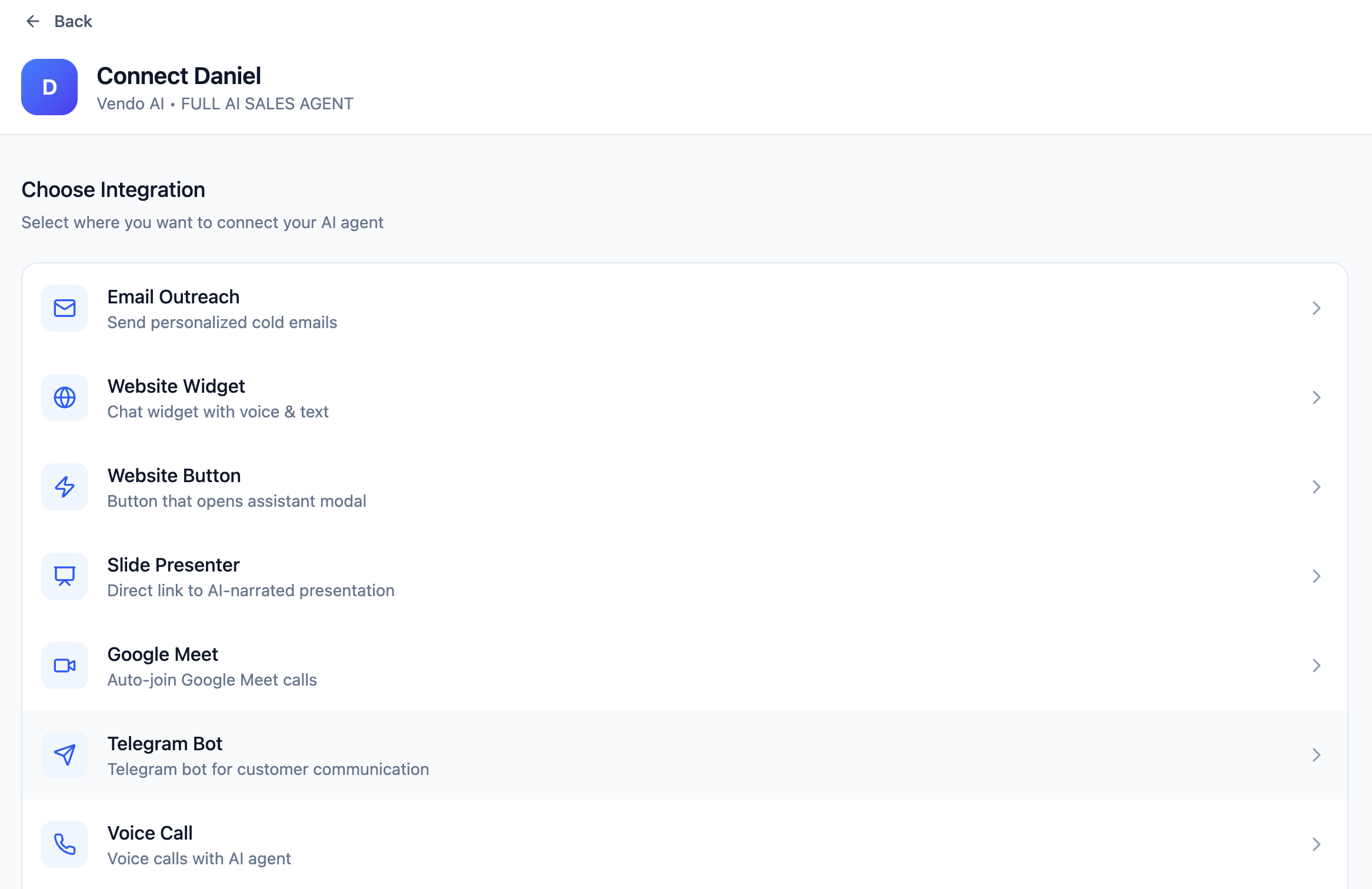 Vendo AI — Connect agent integration selection screen showing Email Outreach, Website Widget, Website Button, Slide Presenter, Google Meet, Telegram Bot, and Voice Call options