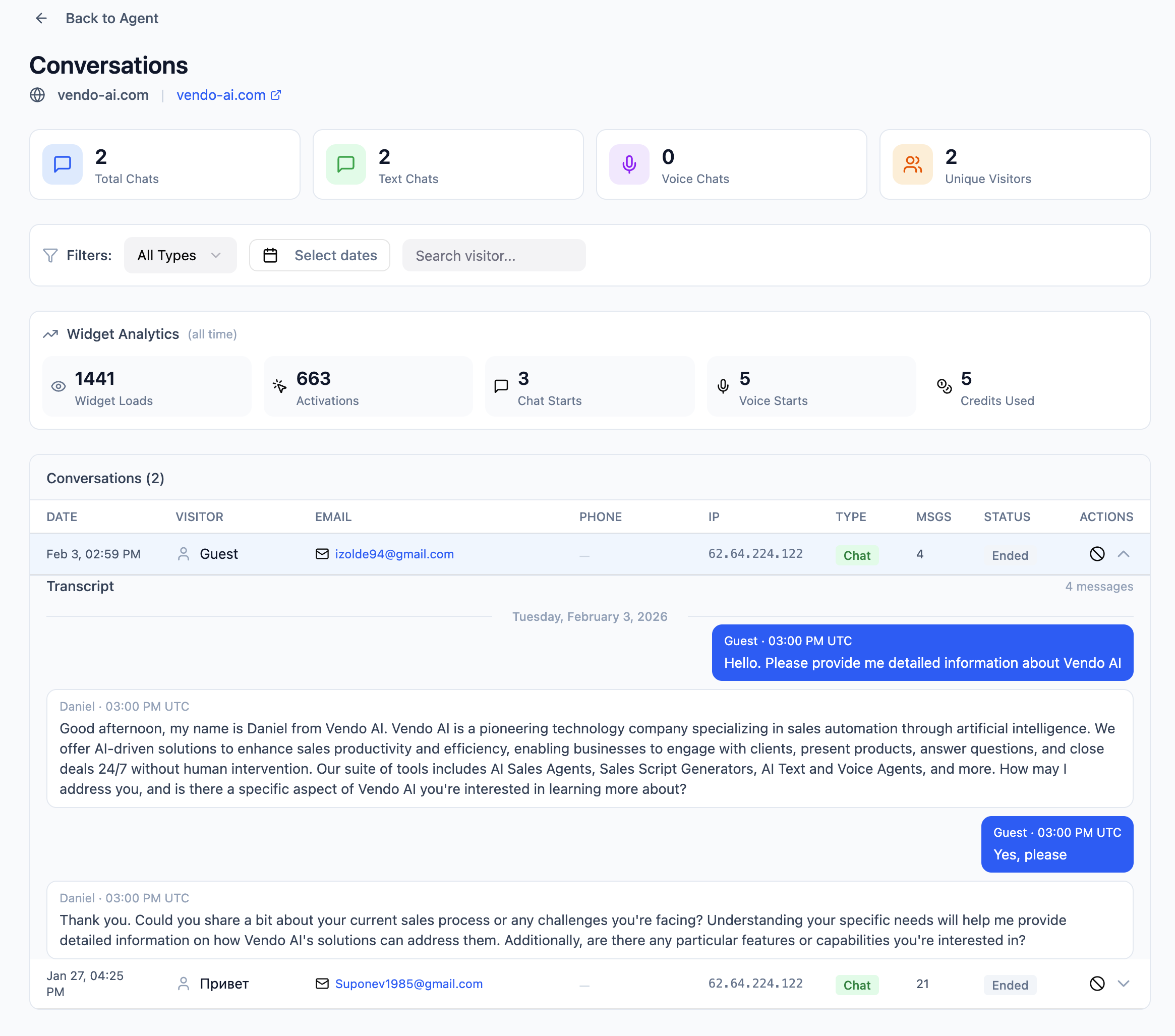 Vendo AI — Conversations page showing text chat list with visitor details, widget analytics, and full chat transcript with AI agent responses