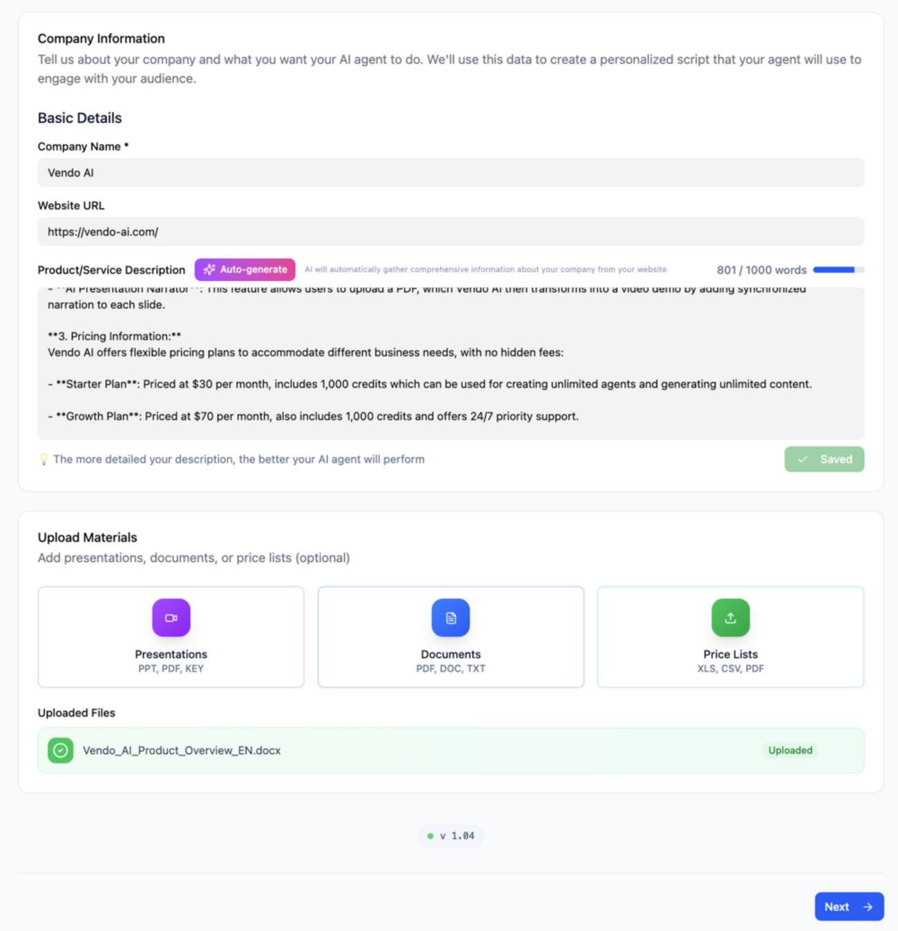 Company information form showing company name, website URL, product description field, and upload section for presentations, documents and price lists