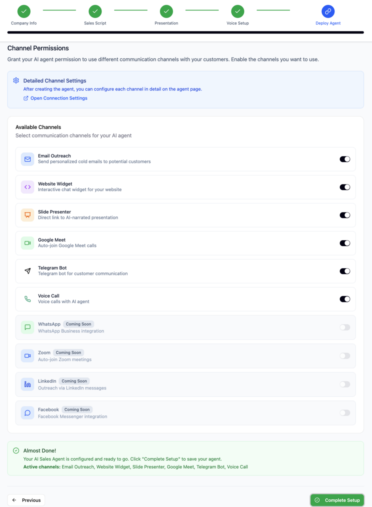 Deploy agent screen showing channel permissions with toggle switches for Email Outreach, Website Widget, Slide Presenter, Google Meet, Telegram Bot, Voice Call, and coming soon badges for WhatsApp, Zoom, LinkedIn and Facebook