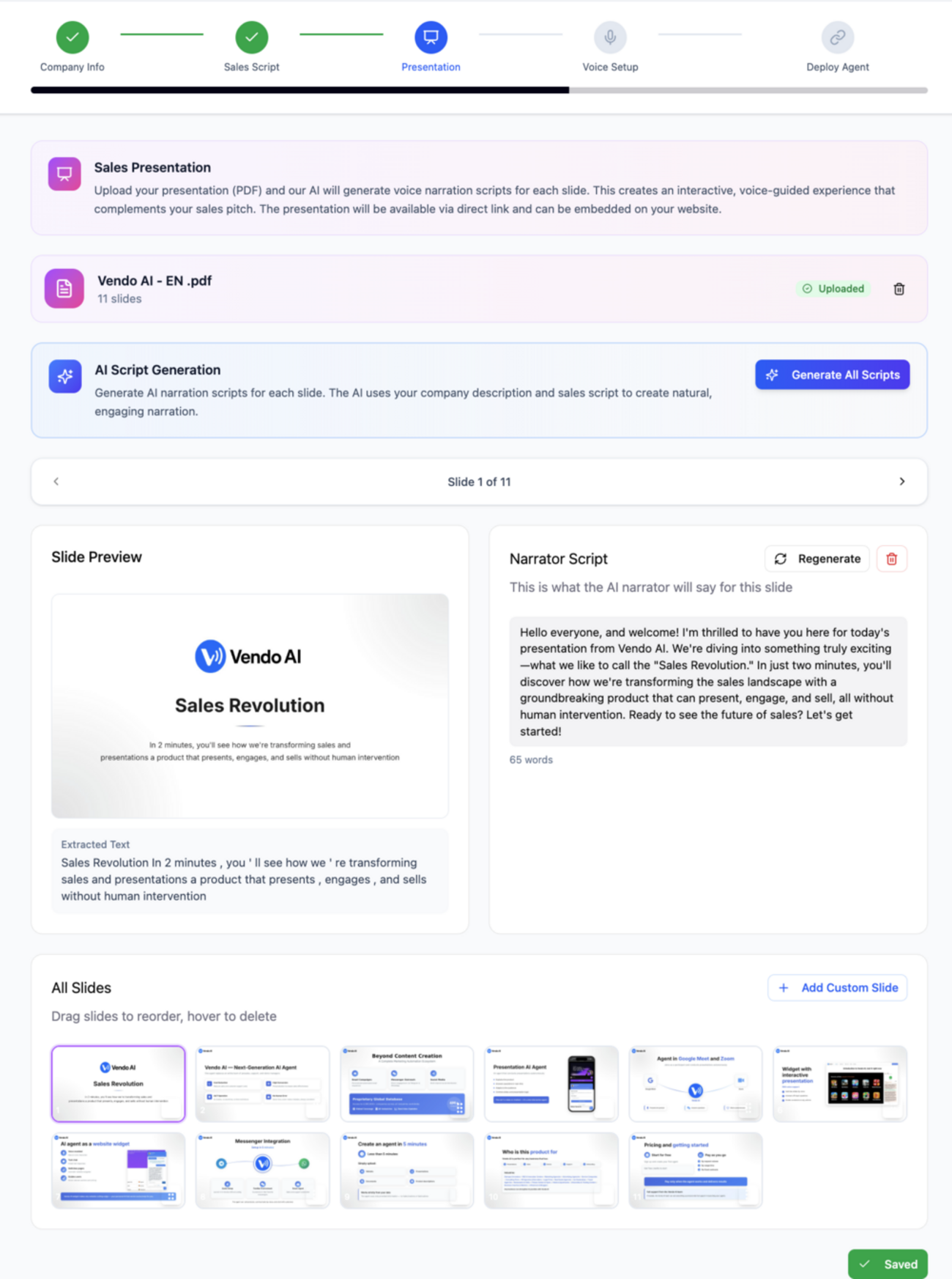 Sales presentation setup showing uploaded PDF slides, AI-generated narrator scripts for each slide, slide preview with editable narration text, and drag-to-reorder interface