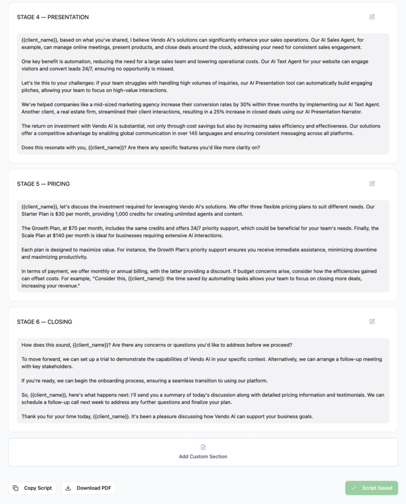 Sales script stages 4 through 6 showing Presentation, Pricing, and Closing sections with options to add custom sections, copy script and download PDF