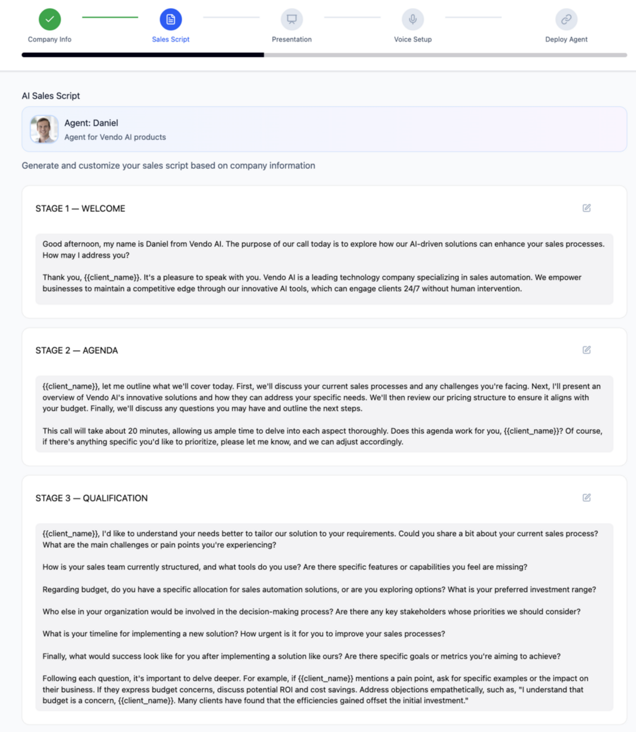 AI-generated sales script showing Stage 1 Welcome, Stage 2 Agenda, and Stage 3 Qualification with editable text fields and personalization variables