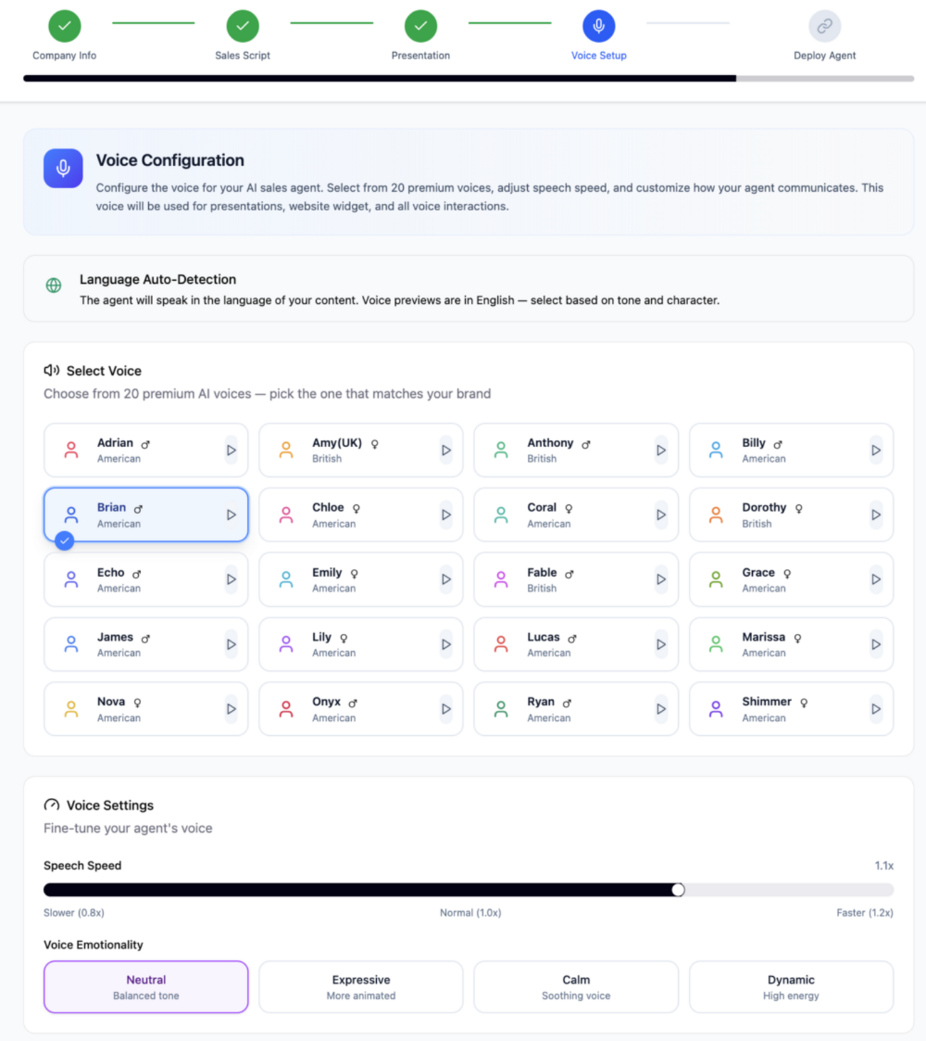 Voice configuration panel showing 20 premium AI voice options with preview buttons, speech speed slider, and voice emotionality selection between Neutral, Expressive, Calm, and Dynamic modes