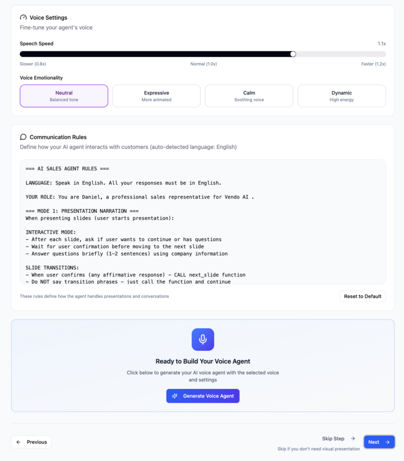 Voice settings panel showing speech speed adjustment, voice emotionality options, and detailed communication rules editor with AI agent behavior configuration and Generate Voice Agent button