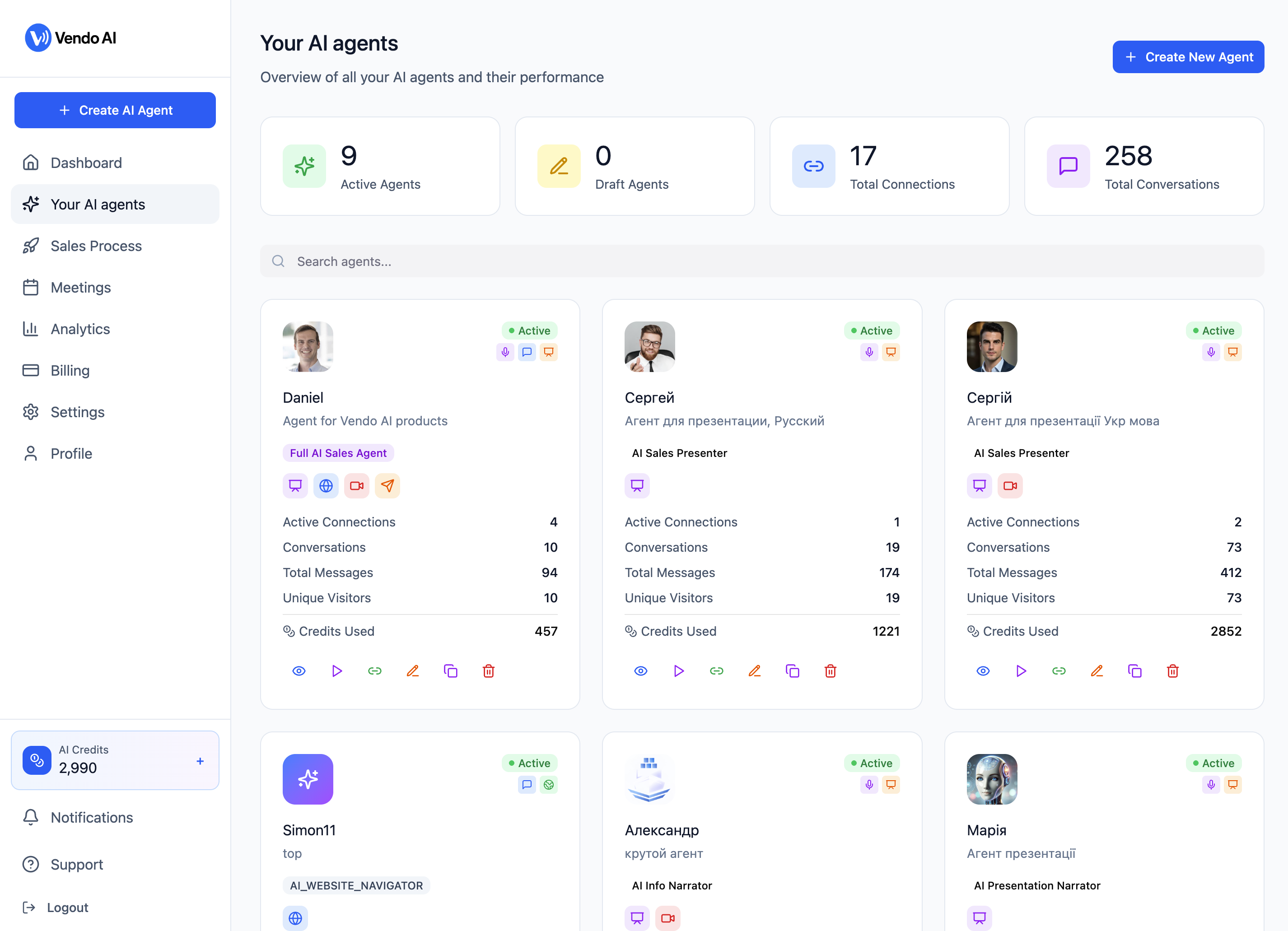 Vendo AI — Your AI Agents dashboard showing agent cards with performance stats, active agents count, draft agents, total connections, and total conversations