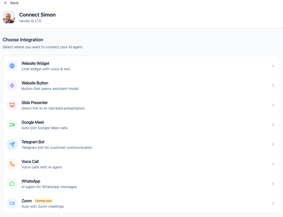 Vendo AI — Connect agent screen: Choose Integration with agent avatar, listing Website Widget, Website Button, Slide Presenter, Google Meet, Telegram Bot, Voice Call, WhatsApp, and Zoom (coming soon)