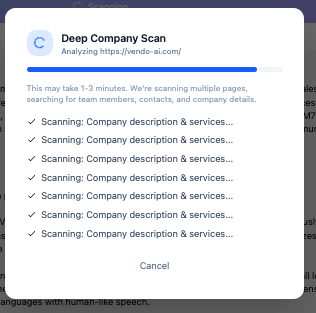 Vendo AI — Deep Company Scan in progress: analyzing website, scanning company description and services across multiple pages with real-time progress indicators