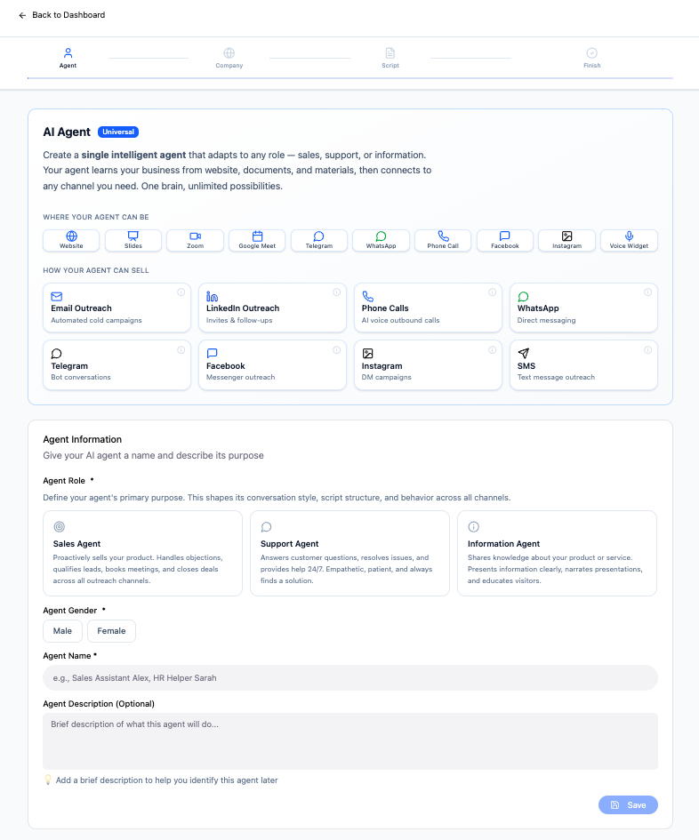 Vendo AI — Agent creation Step 1: role selection (Sales Agent, Support Agent, Information Agent), gender toggle, agent name field, available channels (Email, LinkedIn, Phone, WhatsApp, Telegram, Facebook, Instagram, SMS)