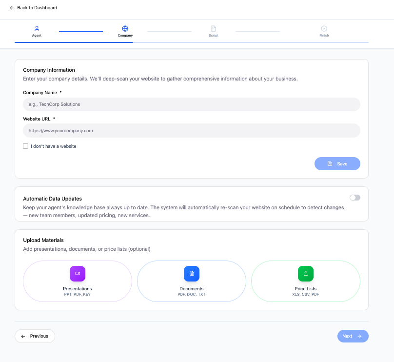 Vendo AI — Agent creation Step 2: Company Name, Website URL with Deep Scan button, Automatic Data Updates toggle, Upload Materials section (Presentations PPT/PDF/KEY, Documents PDF/DOC/TXT, Price Lists XLS/CSV/PDF)