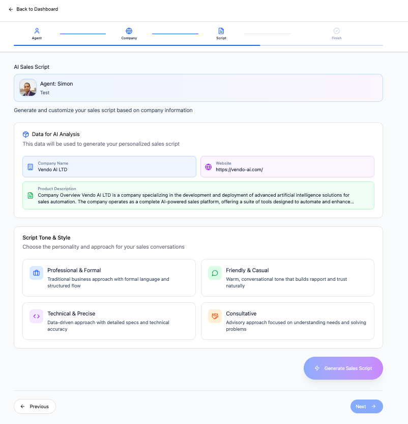 Vendo AI — Agent creation Step 3: AI Sales Script with Data for AI Analysis (Company Name, Website, Product Description), Script Tone & Style selection (Professional & Formal, Friendly & Casual, Technical & Precise, Consultative), Generate Sales Script button