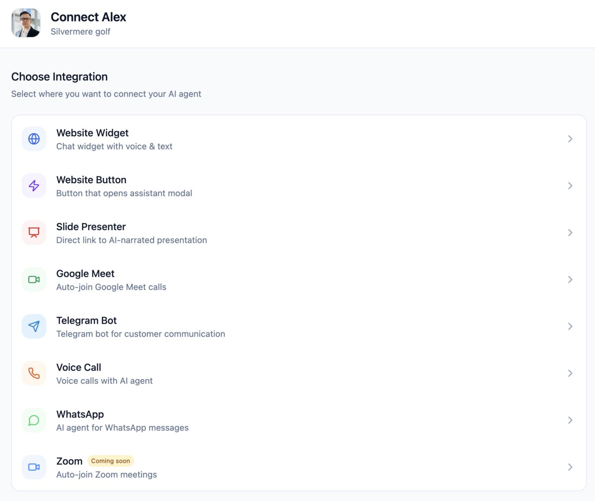 Vendo AI connection types interface showing 9 available channels for AI agent